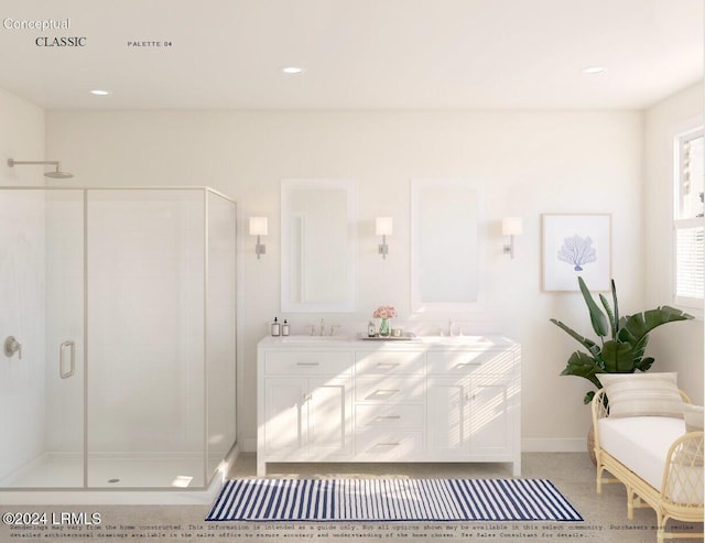 bathroom featuring baseboards, recessed lighting, a shower stall, and double vanity