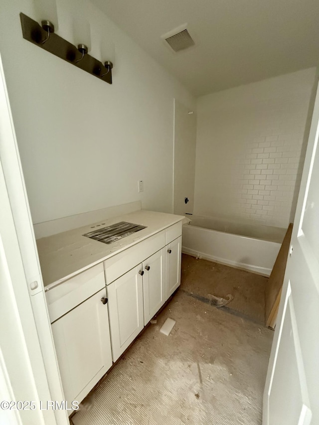full bath featuring shower / bathtub combination, vanity, and visible vents