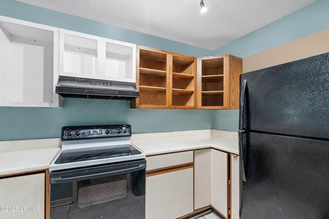 2304 Pine Ct S Unit 1, Beaufort, SC 29902 - kitchen featuring freestanding refrigerator, under cabinet range hood, range with electric stovetop, light countertops, and white cabinets