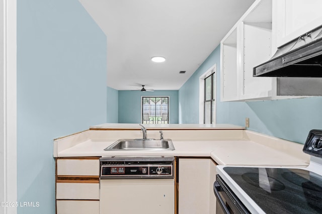 2304 Pine Ct S Unit 1, Beaufort, SC 29902 - kitchen featuring range with electric cooktop, dishwasher, a sink, under cabinet range hood, and white cabinetry
