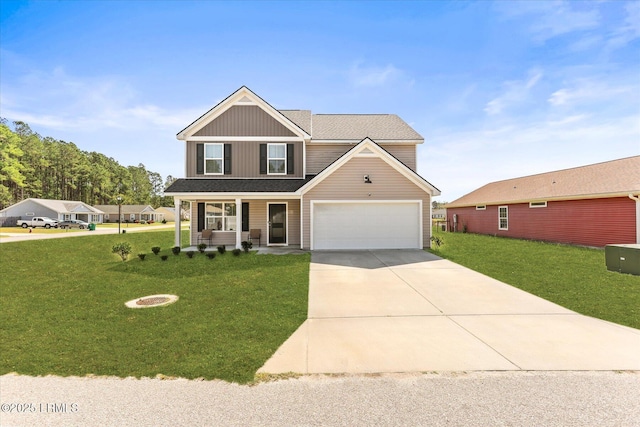 view of front facade featuring a front yard, a shingled roof, covered porch, and concrete driveway