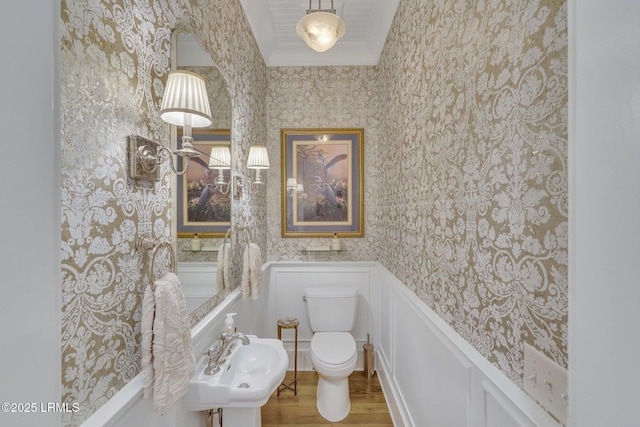 bathroom featuring wood finished floors, wallpapered walls, a sink, wainscoting, and toilet