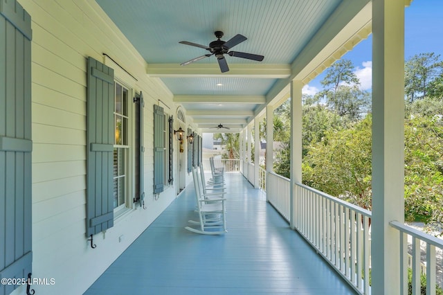 view of patio featuring ceiling fan