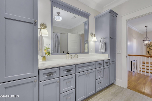 bathroom with visible vents, wood finished floors, vanity, and ornamental molding