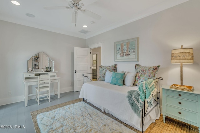 bedroom with recessed lighting, a ceiling fan, baseboards, and ornamental molding