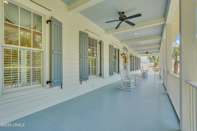 view of patio / terrace featuring covered porch and ceiling fan