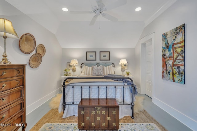 bedroom with light wood finished floors, recessed lighting, baseboards, and lofted ceiling