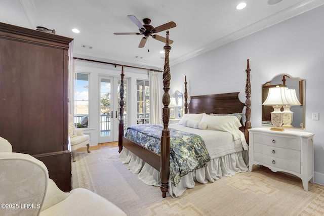 bedroom featuring visible vents, recessed lighting, crown molding, and access to outside