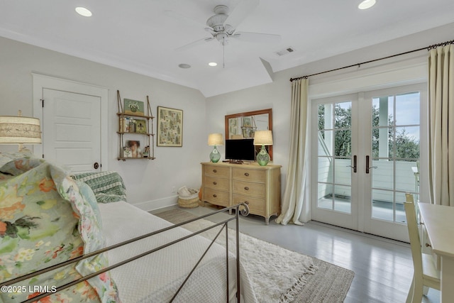 bedroom featuring recessed lighting, visible vents, and access to outside