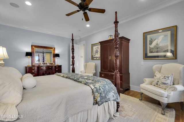 bedroom with light wood finished floors, ceiling fan, baseboards, ornamental molding, and recessed lighting