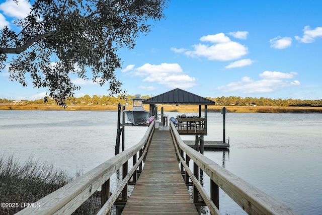 dock area featuring boat lift and a water view