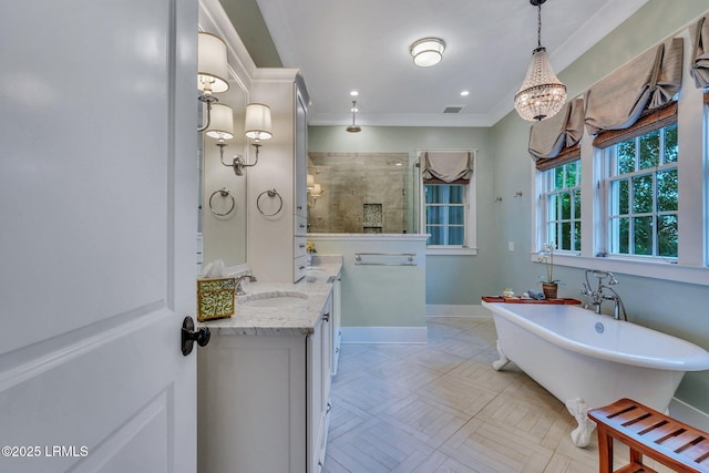 bathroom featuring visible vents, tiled shower, baseboards, and ornamental molding