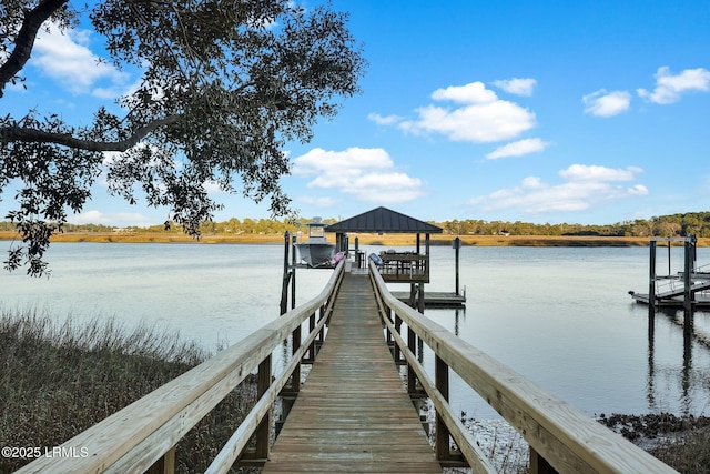 dock area featuring boat lift and a water view