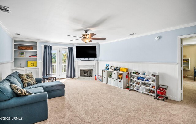 79 Lost Island Rd, Beaufort, SC 29907 - living area with ornamental molding, visible vents, and carpet floors