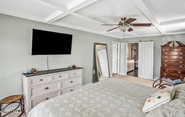 79 Lost Island Rd, Beaufort, SC 29907 - carpeted bedroom featuring baseboards, a barn door, ceiling fan, beamed ceiling, and coffered ceiling
