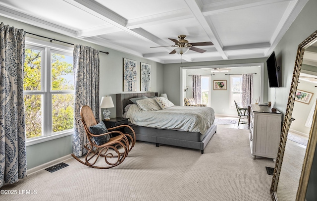 79 Lost Island Rd, Beaufort, SC 29907 - carpeted bedroom featuring baseboards, visible vents, multiple windows, beam ceiling, and coffered ceiling