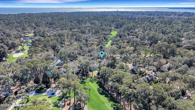 birds eye view of property with a water view, view of golf course, and a view of trees