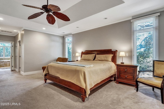 bedroom featuring recessed lighting, a raised ceiling, ornamental molding, light carpet, and baseboards