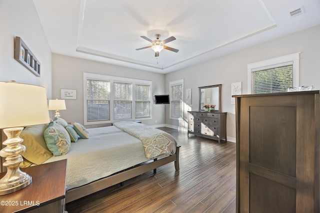 bedroom featuring a raised ceiling, ceiling fan, and multiple windows