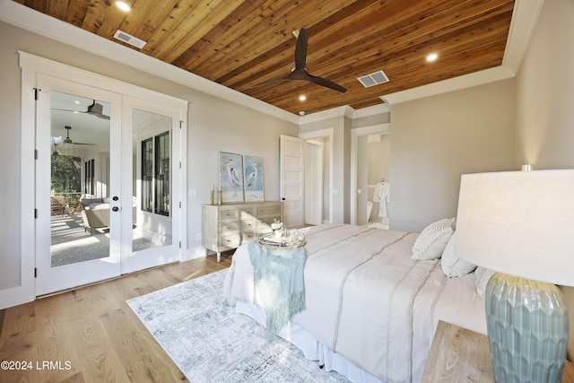 bedroom with wood ceiling, light hardwood / wood-style floors, french doors, and access to outside