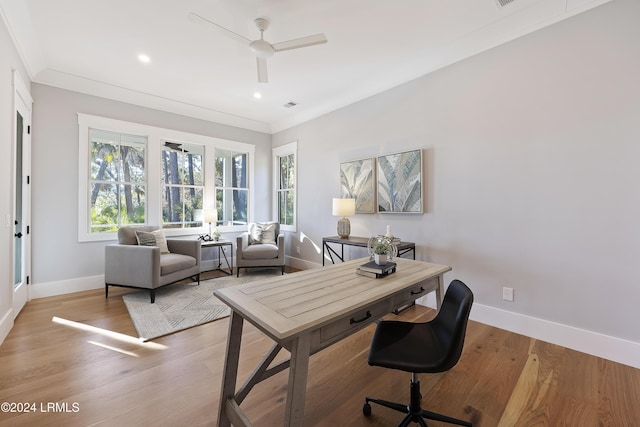 office area with light hardwood / wood-style flooring, crown molding, and a wealth of natural light