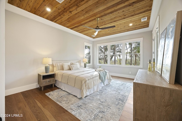 bedroom featuring crown molding, wood-type flooring, wooden ceiling, and ceiling fan