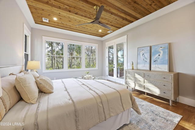 bedroom featuring wood-type flooring, access to outside, ceiling fan, wood ceiling, and french doors