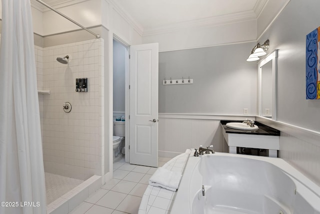 full bathroom with sink, crown molding, tile patterned flooring, separate shower and tub, and toilet