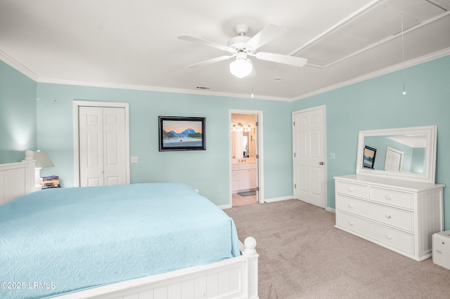 5 Petigru Dr, Beaufort, SC 29902 - bedroom featuring attic access, light carpet, ornamental molding, a ceiling fan, and ensuite bath
