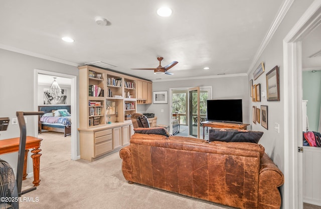 5 Petigru Dr, Beaufort, SC 29902 - living area featuring light colored carpet, a ceiling fan, ornamental molding, and recessed lighting