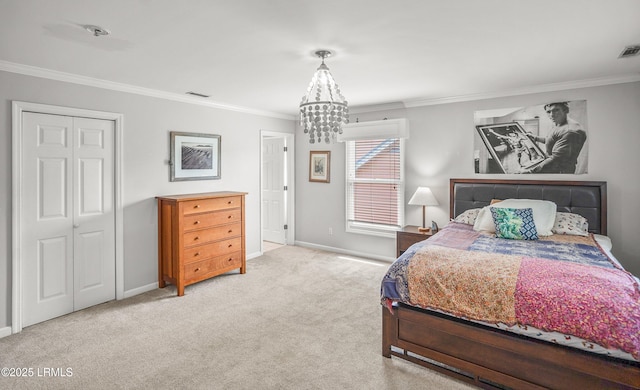 5 Petigru Dr, Beaufort, SC 29902 - bedroom with a chandelier, crown molding, carpet flooring, and a closet