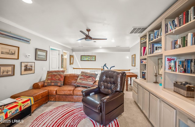 5 Petigru Dr, Beaufort, SC 29902 - living area with light colored carpet, a ceiling fan, ornamental molding, recessed lighting, and built in features