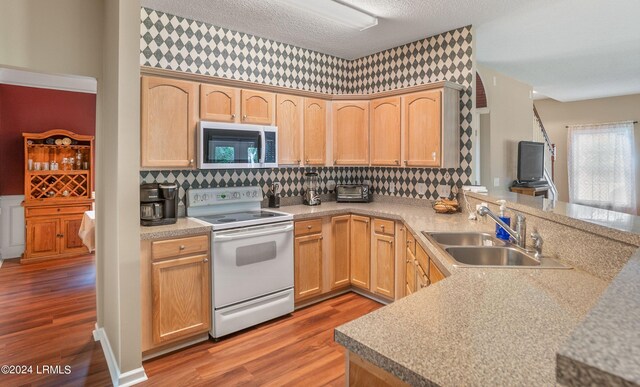 kitchen featuring sink, backsplash, hardwood / wood-style floors, white electric stove, and light brown cabinets