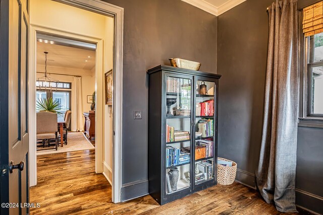 interior space with crown molding and hardwood / wood-style floors