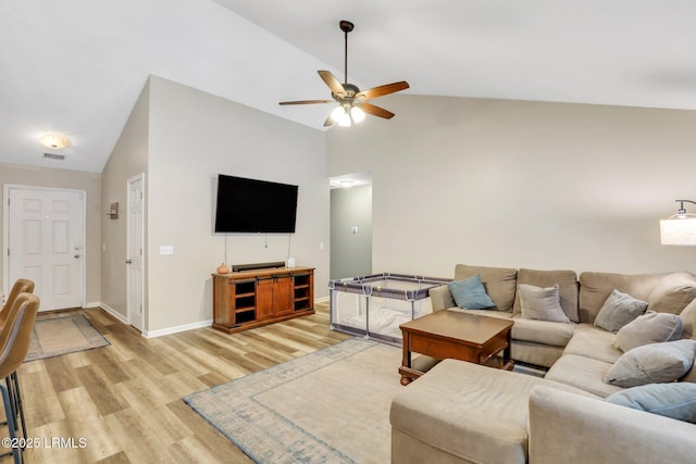 19 Grove Way, Bluffton, SC 29910 - living room with vaulted ceiling, light wood-type flooring, ceiling fan, and baseboards