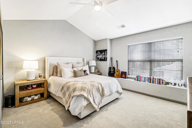 610 E Ave, Bluffton, SC 29910 - carpeted bedroom featuring lofted ceiling, visible vents, and ceiling fan