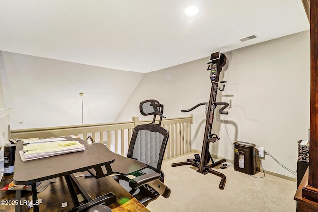 610 E Ave, Bluffton, SC 29910 - exercise area with visible vents, baseboards, carpet, and vaulted ceiling