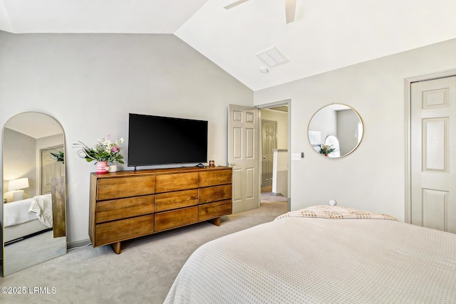 610 E Ave, Bluffton, SC 29910 - bedroom featuring light colored carpet, lofted ceiling, and ceiling fan