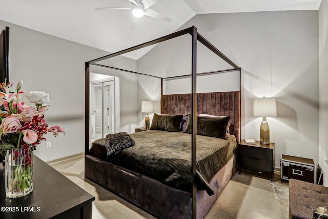 610 E Ave, Bluffton, SC 29910 - bedroom featuring concrete flooring, ceiling fan, and vaulted ceiling