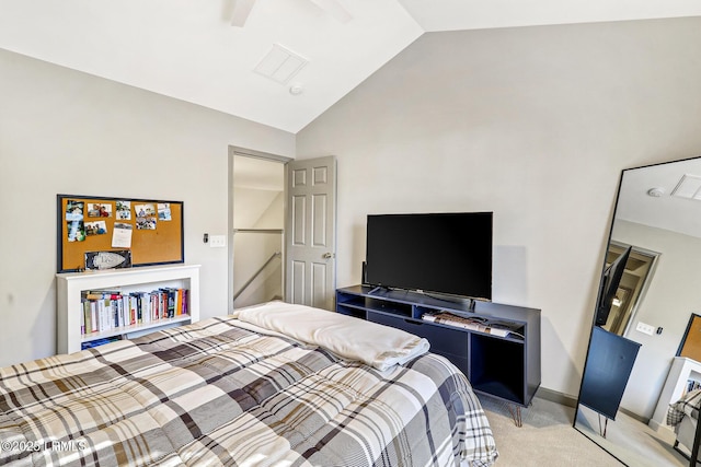610 E Ave, Bluffton, SC 29910 - bedroom with ceiling fan, high vaulted ceiling, baseboards, and light carpet