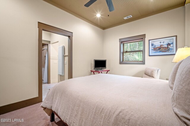 carpeted bedroom featuring wooden ceiling and ceiling fan