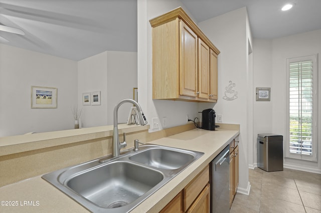 193 Landing Ln, Bluffton, SC 29909 - kitchen featuring dishwasher, light tile patterned flooring, light countertops, light brown cabinetry, and recessed lighting