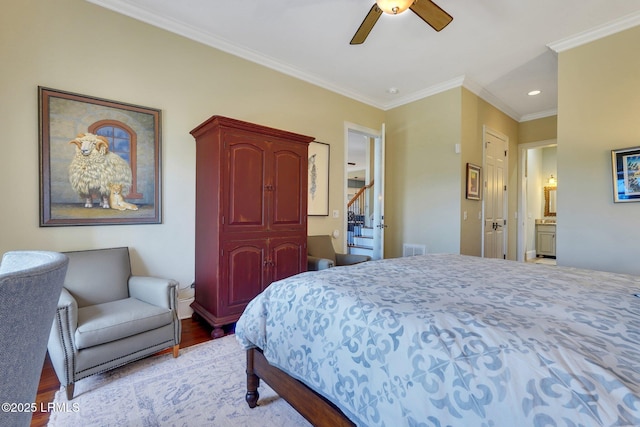 bedroom featuring ceiling fan, recessed lighting, wood finished floors, visible vents, and ornamental molding