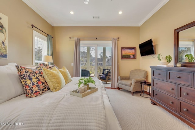 bedroom with access to outside, light colored carpet, crown molding, and recessed lighting