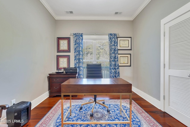 home office featuring dark wood-type flooring, visible vents, and baseboards