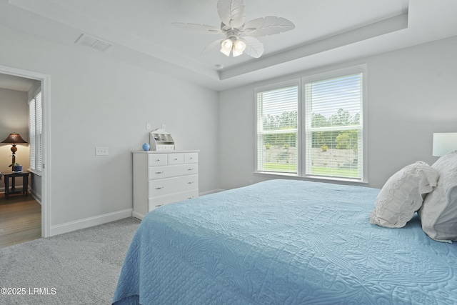821 Aurora Way, Bluffton, SC 29909 - carpeted bedroom featuring baseboards, a tray ceiling, and ceiling fan