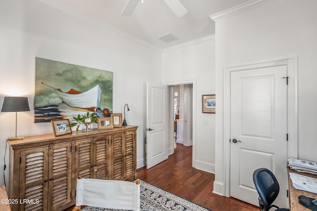 office area featuring ornamental molding, ceiling fan, and dark hardwood / wood-style flooring