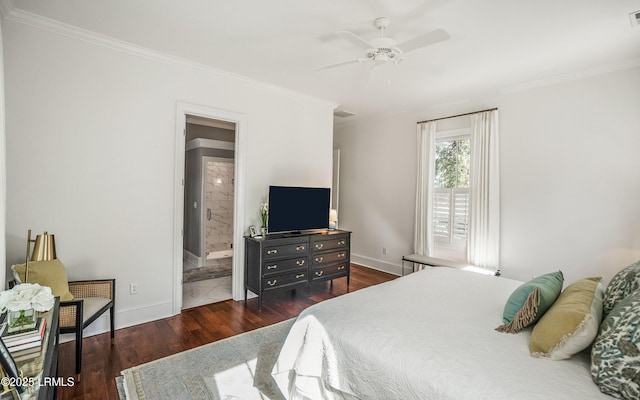 bedroom featuring dark hardwood / wood-style flooring, connected bathroom, crown molding, and ceiling fan