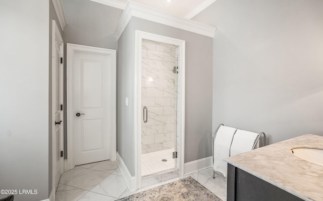 bathroom featuring an enclosed shower, vanity, and ornamental molding