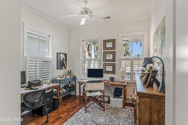 office space featuring ceiling fan, ornamental molding, and wood-type flooring